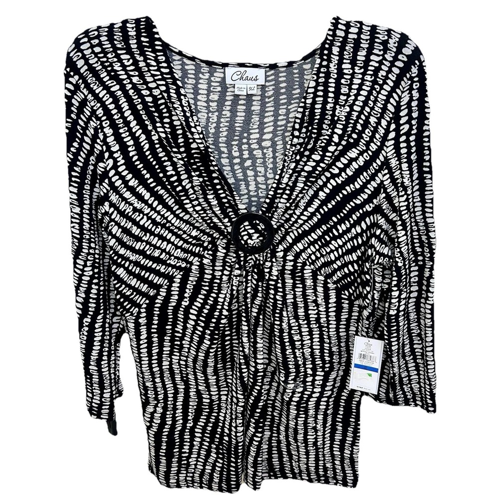 Chaus‎ Atelier Womens XL V-Neck O-Ring Abstract Print Top Soft Ivory Black NWT